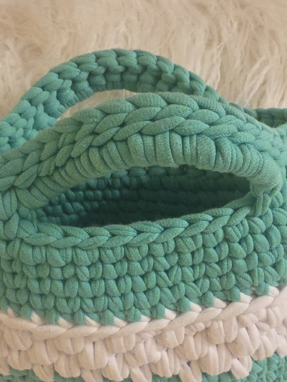 Handwoven Teal and Cream Mini Crochet Bag 11× 8.5  From the Handle to the Bottom - Picture 4 of 11